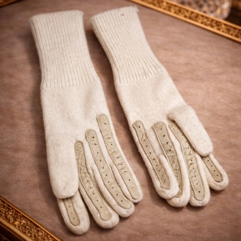 VINTAGE 80s OFF WHITE WOOL GLOVES BEIGE LEATHER TRIM SMALL ELEGANT